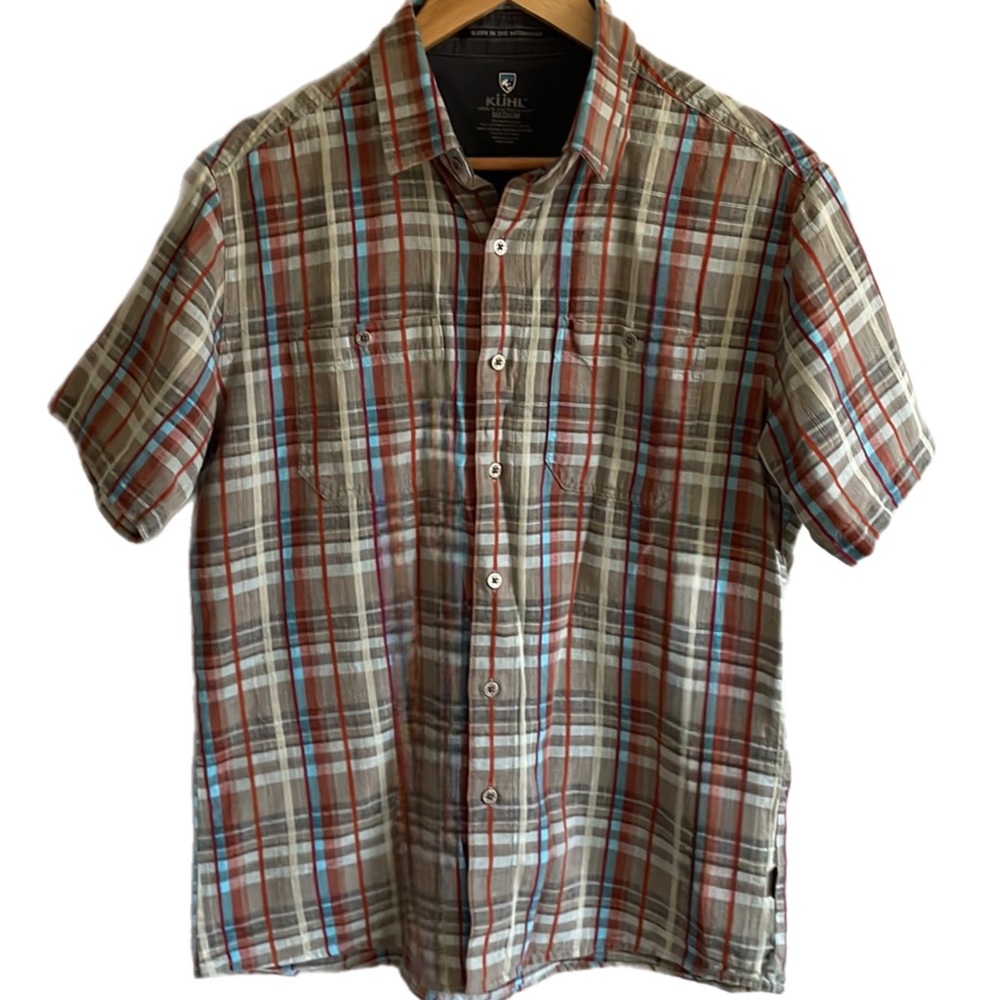 Kuhl Skorpio Plaid Linen Cotton Blend Button Down Short Sleeve Shirt